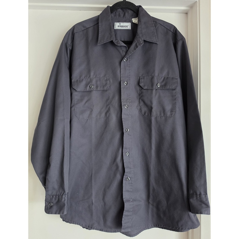 Vintage Roebucks Men's Long Sleeve Button Down Shirt Gray Polyester Cotton Chore